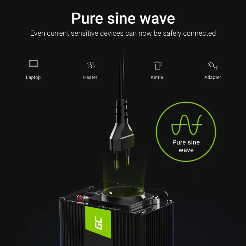 Green Cell - Įtampos keitiklis Inverteris 12V į 230V 300W / 600W Gryna sinusoidė