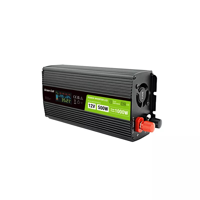 Green Cell - Maitinimo invertorius su LCD ekranu, 12V į 230V, 500W/1000W, grynosios sinusės bangos
