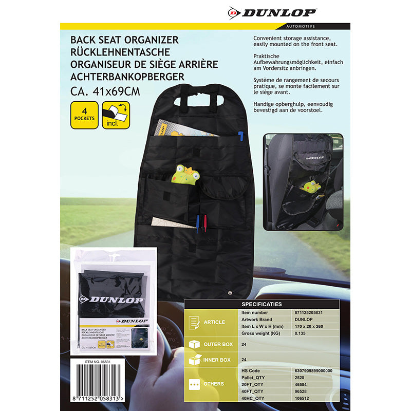 Dunlop - Automobilinis organizatorius / daiktadėžės laikiklis / sėdynės apsauga (juodas)