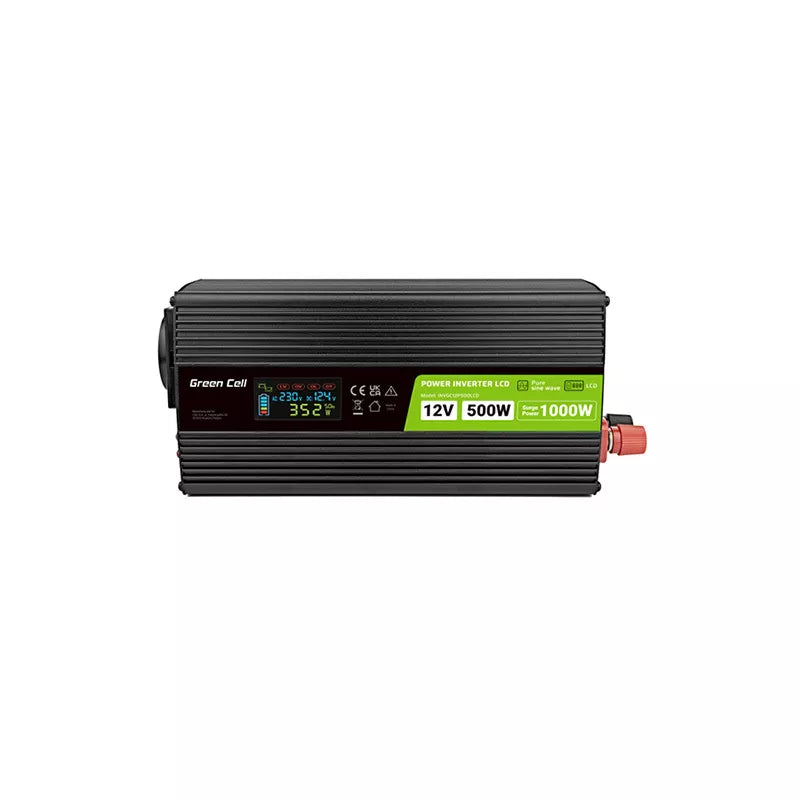 Green Cell - Maitinimo invertorius su LCD ekranu, 12V į 230V, 500W/1000W, grynosios sinusės bangos