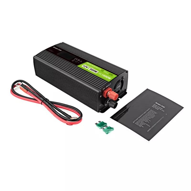Green Cell - Maitinimo invertorius su LCD ekranu, 12V į 230V, 500W/1000W, grynosios sinusės bangos