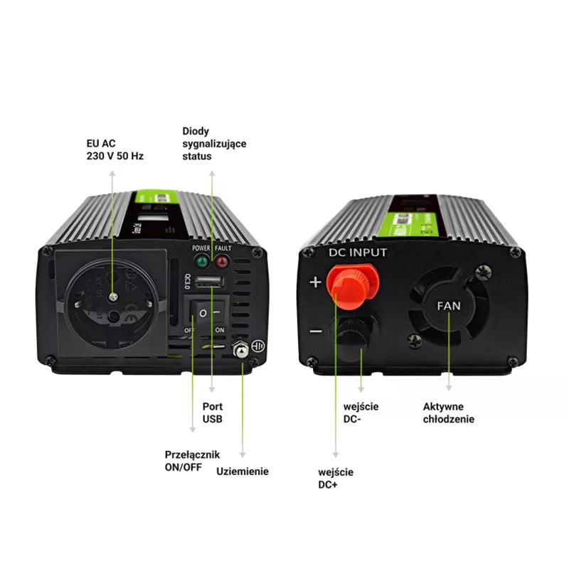 Green Cell - Maitinimo invertorius su LCD ekranu, 12V į 230V, 500W/1000W, grynosios sinusės bangos
