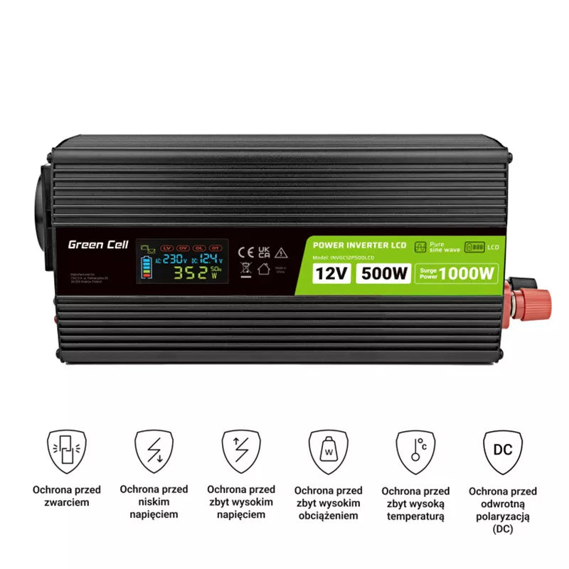 Green Cell - Maitinimo invertorius su LCD ekranu, 12V į 230V, 500W/1000W, grynosios sinusės bangos