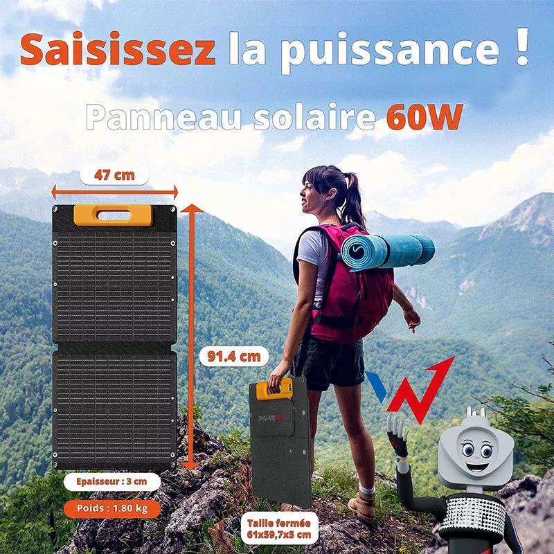 Wonder Ws60 - 60W saulės kolektorius su USB-C PD 30W ir USB-A QC 18W jungtimis (Juodas)