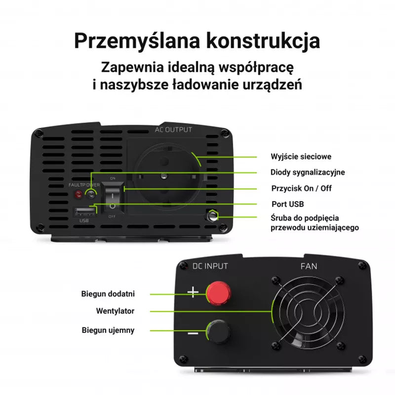 Green Cell - Įtampos keitiklis Inverteris 24V į 230V 1000W/2000W su gryna sinusoidė