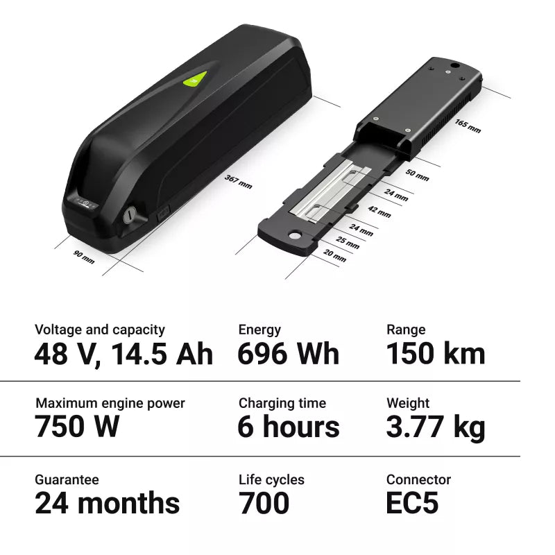 Green Cell - 48V 14.5Ah Li-jonų elektrinio dviračio baterija su GC PowerMove įkrovikliu