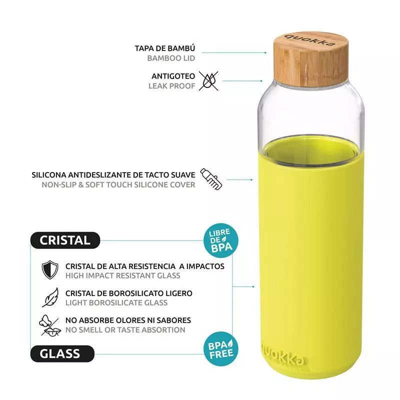Quokka Flow - Stiklinis apvalus buteliukas su silikoniniu dėklu 660ml (Neono žalia)