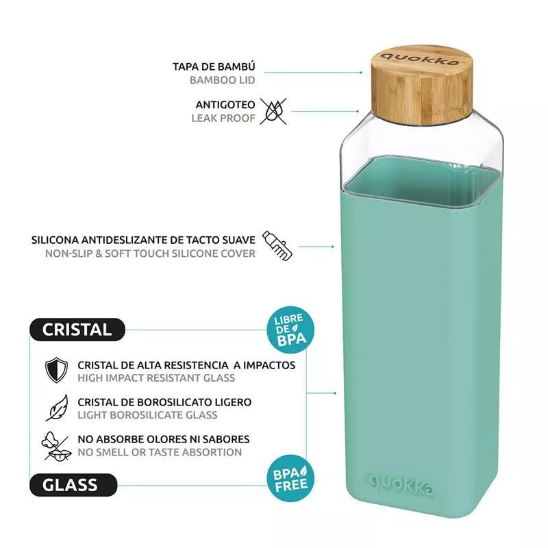 Quokka Storm – Stiklinis apvalus butelis su silikonine apyranke, 700 ml (Turkio spalvos)