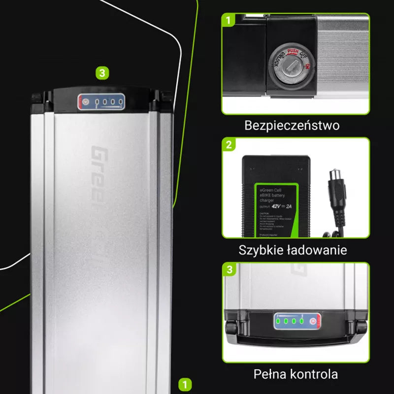 Green Cell - Elektrinio dviračio akumuliatorius su įkrovikliu 36V 12Ah 432Wh Li-Ion RCA