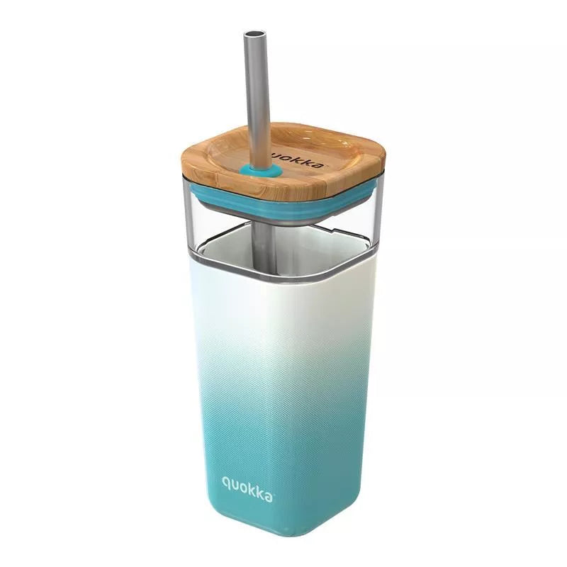 Quokka Liquid Cube - Stiklinis puodelis su šiaudeliu ir silikoniniu apvalkalu 540 ml (Mėlynai žalias gradientas)