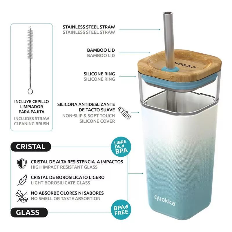 Quokka Liquid Cube - Stiklinis puodelis su šiaudeliu ir silikoniniu apvalkalu 540 ml (Mėlynai žalias gradientas)