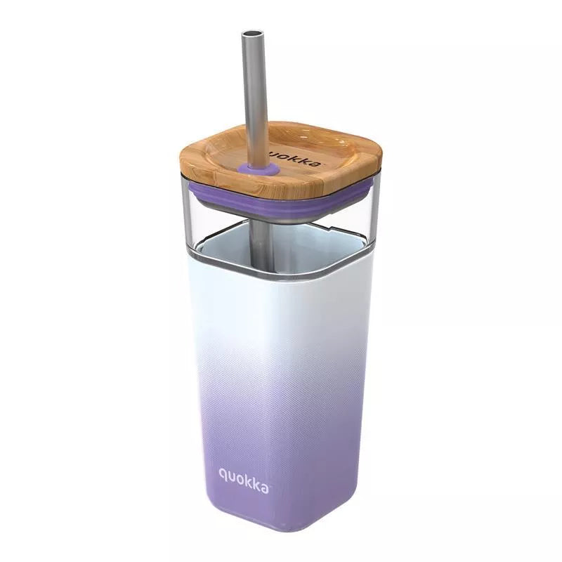 Quokka Liquid Cube - Stiklinė gertuvė su šiaudeliu ir silikoniniu apsodėju 540 ml (Alyvinis Gradientas)
