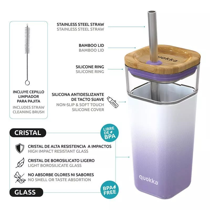 Quokka Liquid Cube - Stiklinė gertuvė su šiaudeliu ir silikoniniu apsodėju 540 ml (Alyvinis Gradientas)