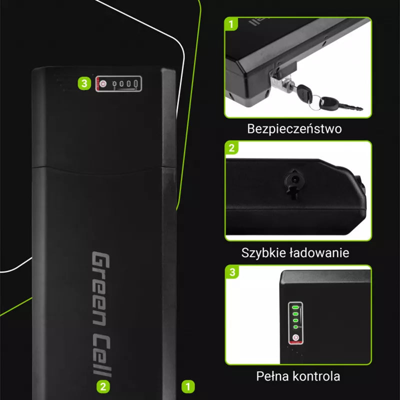 Green Cell – E-dvirčio akumuliatorius su įkrovikliu 36V 12Ah 432Wh Li-jonų 5.5x2.1mm