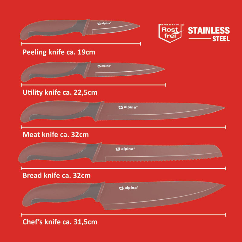Alpina – Nerūdijančio plieno peilių rinkinys (bordo spalvos)
