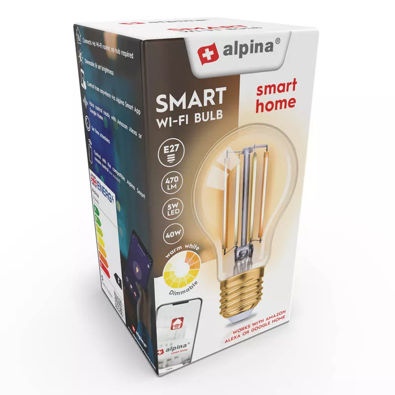Alpina - Išmanioji „Wi-Fi“ lemputė, E27 lizdas, galia 4,9 W, šilta balta