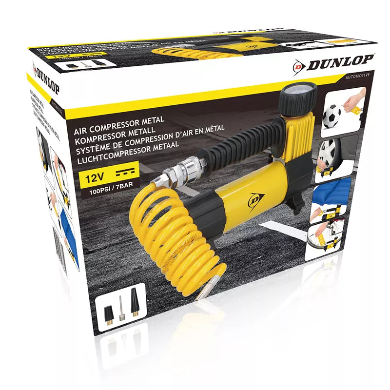 Dunlop - 12 V 100 PSI kompresorius, žarna ir antgalių rinkinys