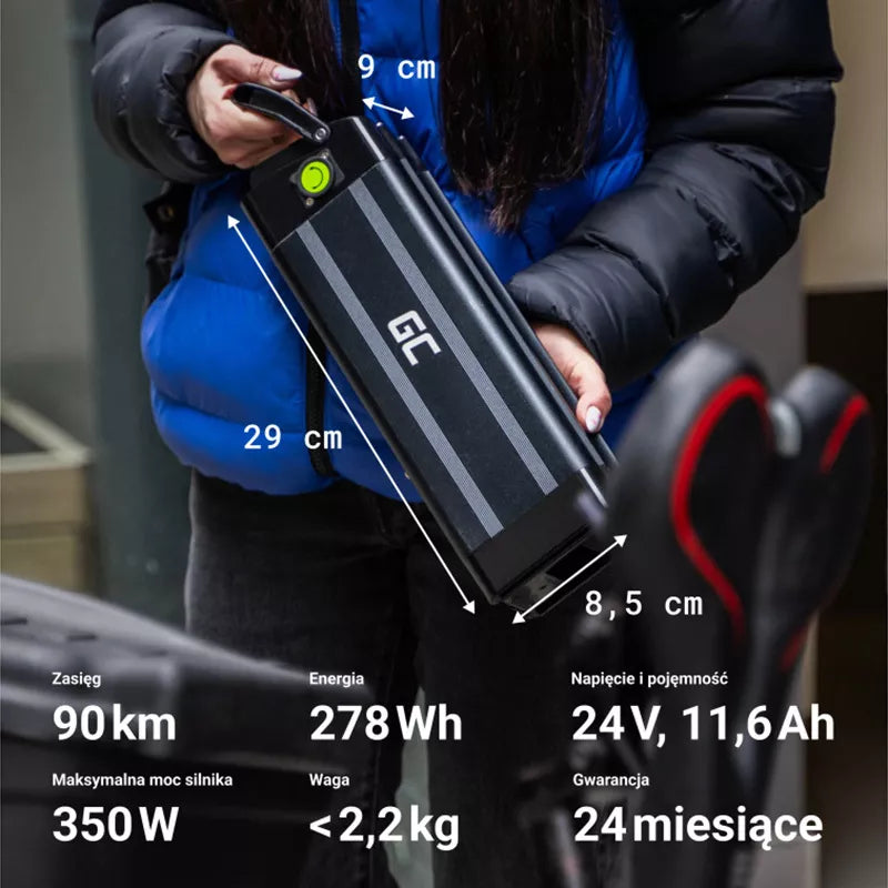 Green Cell - GC Silverfish akumuliatorius elektriniam dviračiui, 24V 11.6Ah 278Wh Li-Ion, su 3 kontaktų XLR jungtimi