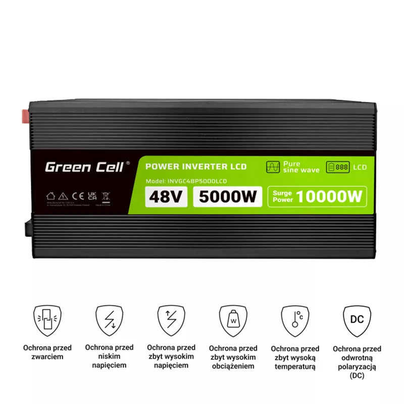 Green Cell - Maitinimo keitiklis su LCD ekranu 48V į 230V 5000W/10000W Grynos sinusės bangos