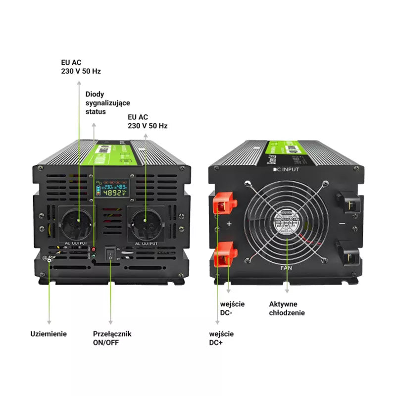 Green Cell - Maitinimo keitiklis su LCD ekranu 48V į 230V 5000W/10000W Grynos sinusės bangos