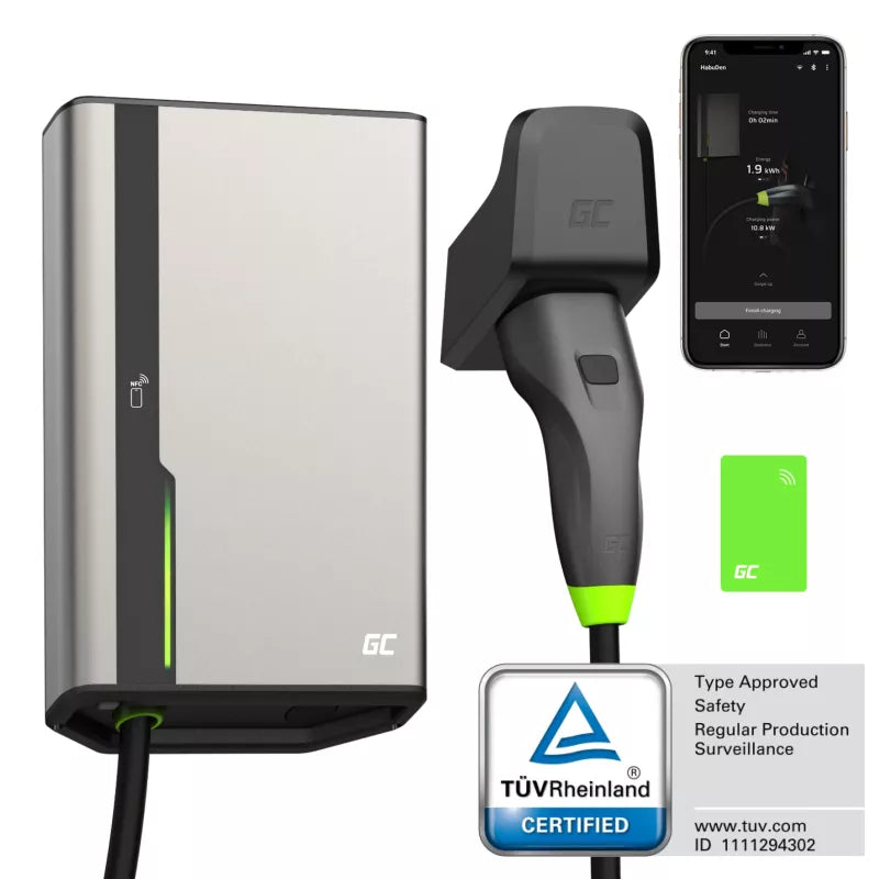 Green Cell - HabuDen Sieninė įkrovimo stotelė 22kW 32A 7.5m Tipo 2 elektromobiliams (EV) su GC Bluetooth WiFi NFC programėle